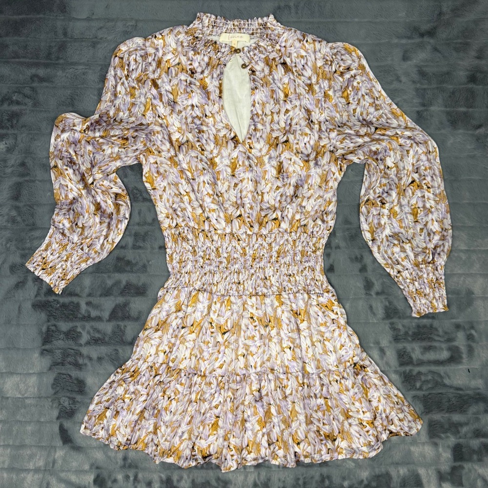 Fanco Floral Smocked Mini Dress Purple Mustard Metallic Gold Keyhole Size Medium